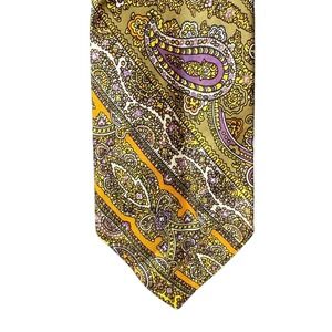 Vintage Filenes Mens Paisley Tie Mustard Yellow Orange Purple Acetate Retro 70s
